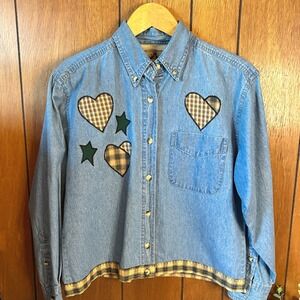 Vintage Enza Denim Button Down Shirt‎ Hearts Stars Plaid Trim Long Sleeve Womens